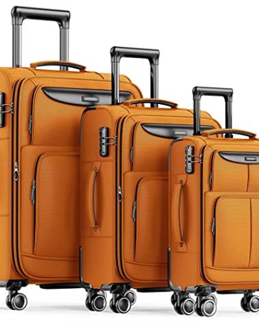 SHOWKOO Luggage Sets 3 Piece Softside Expandable Lightweight Durable Suitcase Sets Double Spinner Wheels TSA Lock Hot Orange (20in/24in/28in)