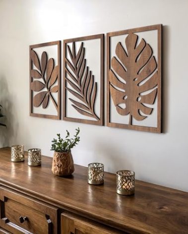 qmmp Modern Wooden Wall Sculptures - Set of 3 - MDF - Oak - Home Decor Accent - Large Wall Art for Living Room, Bedroom, Office - Easy Installation (Walnut, Medium - Tree Leaves, Unframed)