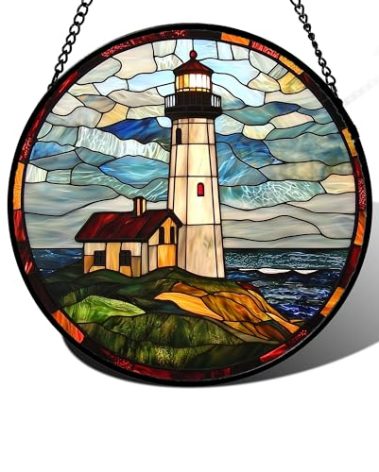 DASTOLL Stained Glass Window Hanging, Ocean Lighthouse Sun Catchers Glass Panel Blue Green Suncatcher Decor for Birthday for Women, Men, Wife, Aunt, and Mom 7.8 in