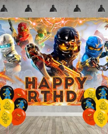 𝓝𝓲𝓷𝓳𝓪𝓰𝓸 Birthday Party Decoration,𝓝𝓲𝓷𝓳𝓪𝓰𝓸 Party Photo Background 5 x 3 FT and 18 Pcs Balloon,Ninja Merch Party Backdrop Supplies
