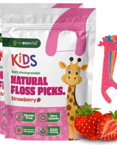 Biodegradable Kids Flossers - Dental Floss Picks for Children | Fluoride & Plastic-Free | Colorful & Fun Animal Floss Sticks | Eco Friendly, Vegan, Natural (Strawberry - 100 Pack)