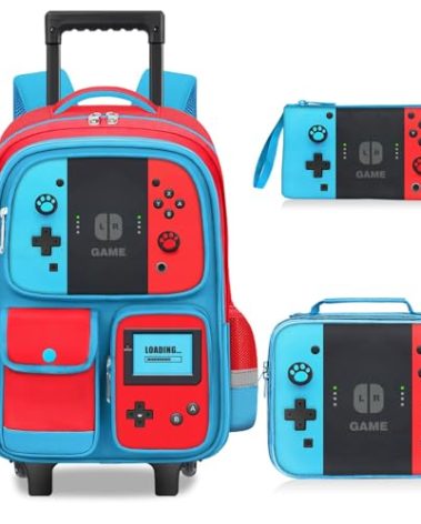 TILYTADLY Kids Rolling Backpack for Boys - 3PCS Gamer Boys Rolling Backpack with Lunch Box Set, Wheeled Travel Bookbag for Elementary Middle School, Lightweight Roller School Bag