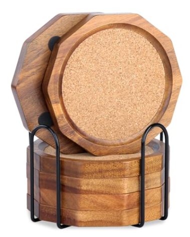 LiWiBet Wood Cork Coasters for Drinks Absorbent with Holder, 4.33in Decagonal Shape Acacia Wood Coaster Set Drink Coasters for Cups, Mugs, and Glasses - Handcrafted, Durable, and Stylish