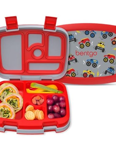 Bentgo Kids Prints Leak-Proof, 5-Compartment Bento-Style Kids Lunch Box - Ideal Portion Sizes for Ages 3-7, Durable, Drop-Proof, Dishwasher Safe, & PFAS & BPA-Free Materials (Trucks)