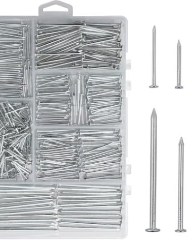 376pcs Premium Hardware Nails Assortment Kit, Maximum Length 2 Inches Galvanized, Picture Hanging, Wood, Wall With Storage Box | 6 Sizes