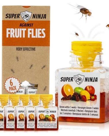 Super Ninja Fruit Fly Traps for Indoors - 6 Pack, Highly Effective Fruit Fly Catcher for Indoor Use for Home & Kitchen, Up to 3 Weeks of Performance per Bottle, Kid & Pet Friendly
