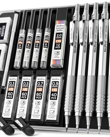 Nicpro Metal Mechanical Pencil Set, 5 PCS Art Drafting Pencils 0.3, 0.5, 0.7, 0.9 mm & 2mm Graphite Lead Holder For Sketching Drawing With 9 Tubes (4B 2B HB 2H Colors) Lead Refills Erasers Case