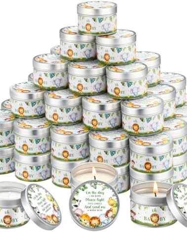 Threlaco 50 Pcs Baby Shower Party Favors Candles Lavender Scented Gender Reveal Gifts Bulk Candles for Favors Baby Shower Rustic Return Gifts(Jungle Animals)