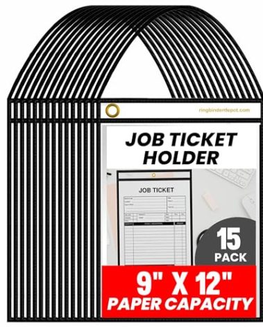 Officewerks Stitched Shop Job Ticket Holders with Strap, Heavy Duty 9" X 12" Clear Both Sides Plastic Sleeves with 1 Hole for Attaching to Machinery, File Cabinets, Racking, Hanging (15 Pack)