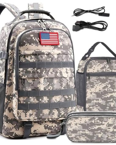 School Backpack for Boys - 4pcs Camo Boys Backpack with Lunch Box Set for Kids Teens Elementary Middle School - 18″ Camouflage Bookbag with Usb Charging Port