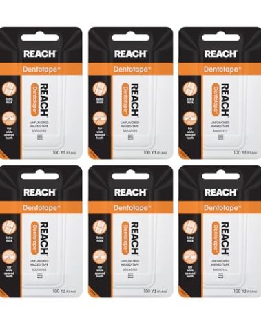 REACH Dentotape Waxed Dental Floss Tape, Unflavored, Extra Wide Floss, Shred & Frey Resistant, Plaque Remover for Teeth, Easy on Gums & Teeth, Oral Care, PFAS Free, for Adults & Kids, 6 Pack, 100 yd
