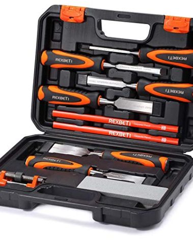 REXBETI 10pcs Premium Wood Chisel Set, 6pcs Wood Chisel with 1 Honing Guide, 1 Sharpening Stone and 2 Carpenter Pencils, Heat-Treated Cr-V Alloy Blades