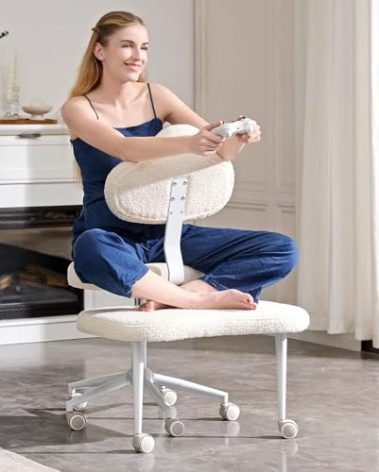 Pinmoco Cross Legged Office Chair with Wheels, Meditation Chair, ADHD Chair for Adults, Wider Height Adjustable Backrest and Seat, Yoga Office Chair, Teddy Fabric, Off White