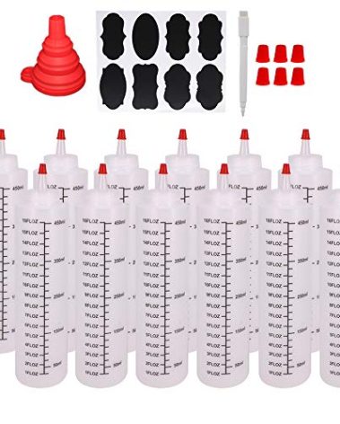 Belinlen 12 Pack 16-Ounce Plastic Squeeze Bottles with Red Cap for Food, Crafts, Art, Multi Purpose Set of 12 with extra 16 Chalk Labels 6 Red Cap and 1 Pen
