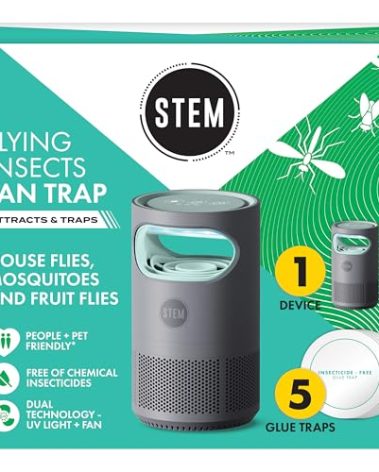STEM Flying Insect Fan Trap for Indoor Bug Control, Attracts Mosquitoes, Fruit Flies, and House Flies, Plug-in Fan with UV Light, Starter Kit Includes 1 Device and 5 Glue Traps