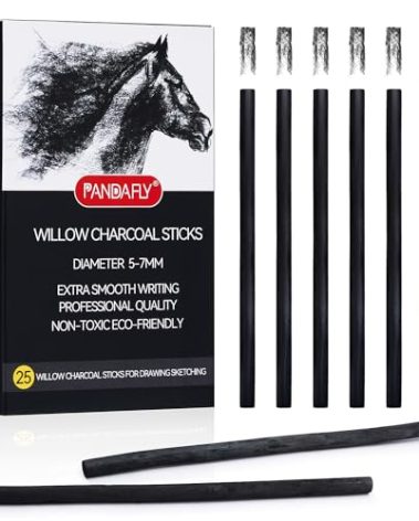 PANDAFLY Willow Charcoal Sticks, Soft, Black Artist Vine Charcoal for Artists, Beginners, Students, Great for Sketching, Drawing, Shading and Fine Art, 5-7mm, 25 Pack