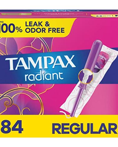 Tampax Radiant Tampons, with LeakGuard Braid, Regular Absorbency, Unscented, 84 Count (3 Packs of 28)