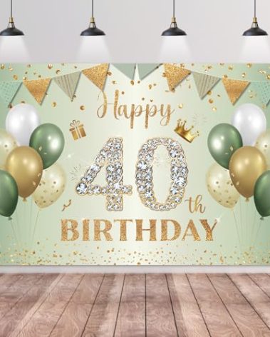 Happy 40th Birthday Banner Sage Green Gold,BTZO 40th Birthday Backdrop for Men Women,40th Birthday Decorations Fabric Photo Backdrop Background Signs for 40 Years Old Birthday Party,180×110cm