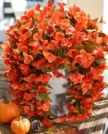 Bougainvillea Artificial Flowers Plants for Outdoors Outside Fall Autumn Decor, 2 pcs Faux Silk Long Trailing Vines UV Resistant Look Real Orange Fake Flowers for Front Door Porch Planter Urn Patio