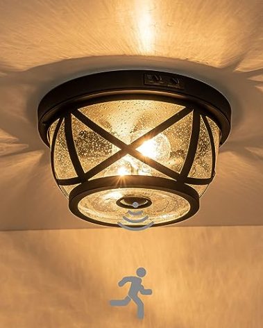 Laplusbelle Motion Sensor Ceiling Light Fixture Outdoor Flush Mount Manual Dusk to Dawn Matte Black Waterproof Indoor Ceiling Light Fixture with Seeded Glass for Front Porch Garage Entrance