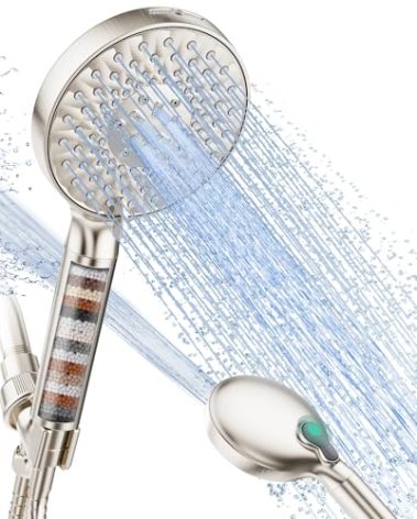 Filtered Shower Head with Handheld, High Pressure 9 Spray Mode Brushed Nickel Showerhead with Filters, detachable shower head,Water Softener Filters Beads for Hard Water - Remove Chlorine