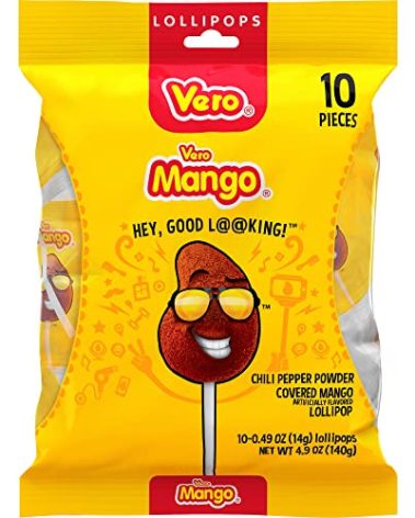 Vero Mango Lollipops Coated with Chili Powder, Hot and Sweet Candy Treat, Artificially Flavored, Net Wt. 4.93 Ounces, 10 Count Bag