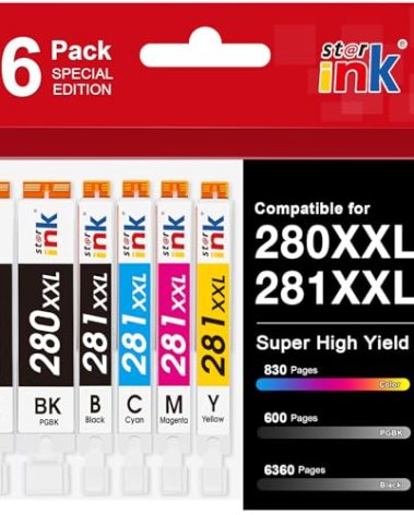 6-Pack Compatible Canon 280 281 Ink Cartridges — High-Yield Multipack for Popular Cannon Printers TR8620a TR8520 TR8600 TR7520 TS6120 TS8220 TS9520, Long-Lasting Ink for Vivid Photo Printings