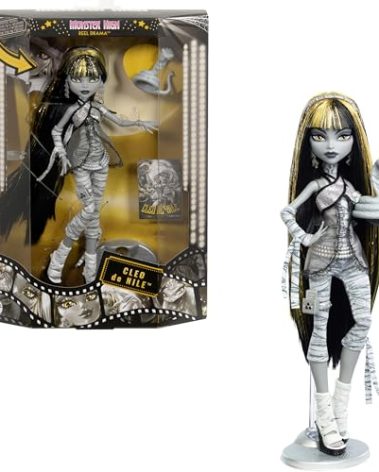 Monster High Reel Drama Doll, Cleo De Nile Black and White Reproduction Collectible with Doll-Size and Life-Size Posters, Horror Flick Theme, and Pet