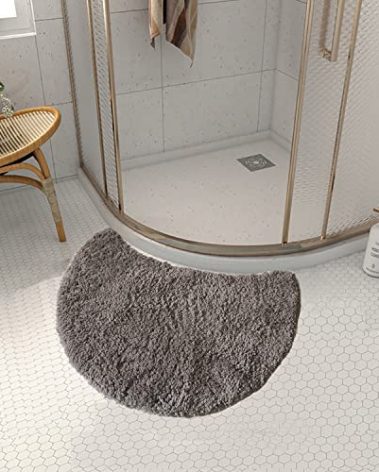 FUYILIFE Quadrant Curved Bath Mat, Semi Circular Shower Mat,Microfibre Corner Shower Mats Non Slip, Fluffy Washable Curved Bath Mat Rug (Gray)