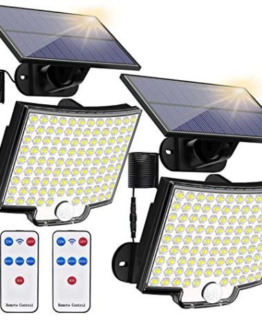 Solar Lights Outdoor, 106 LED 3000LM Solar Powered Motion Sensor Flood Lights with Remote, Dusk to Dawn Led Solar Security Wall Lights with 16.5Ft Cable IP65 Waterproof for Outside, Garage, 2 Pack