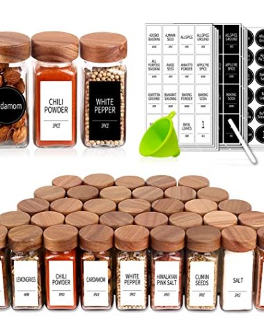Churboro 36 Glass Spice Jars with 547 Labels with Shaker Lids - 4 Oz Square Spice Containers with Acacia Wood Lids, Chalk Pen, Funnel Seasoning Jars for Spice Rack, Cabinet, or Drawer