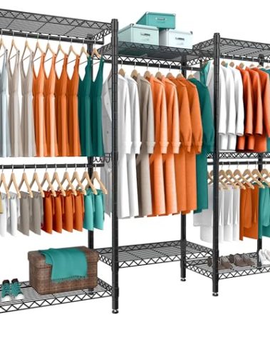 PUNION Portable Wardrobe Rack, 7 Tiers Wire Shelving Black Garment Rack, Compact Extra Large Clothing Racks Metal with 5 Hanging Rods, 2 Side Hooks for Hanging Clothes