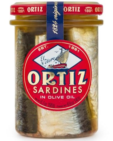 Ortiz Sardines A la Antiqua 'Old Style', Moist and Tender, Wild Caught in Spain and Hand-Packed in Premium Extra Virgin Olive Oil, Enjoy in Salads, Sandwiches and on Toast, 6.7oz Jar (Pack of 1)