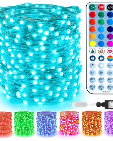 BrizLabs Christmas Fairy Lights - 66ft 200 LED Color Changing Fairy Lights with Remote, Plug-in RGB Rainbow Xmas Twinkle Light Indoor Purple Orange Starry Light for Xmas Halloween Home Party Wedding