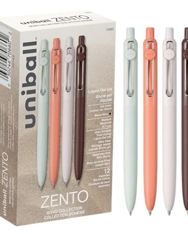 Uniball Zento Liquid Gel Ink Retractable Pens, Medium Point (0.7mm), Boho Barrels, Black Ink, Dozen