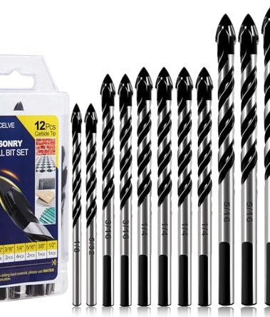 12-PCS Masonry Drill Bit Set & Concrete Drill Bit Set, 1/8 to 1/2 inch Professional Carbide Drill Bits Tip for Glass, Tile, Brick, Cement Concrete Plastic Wood etc. Masonry Drill Bits Set by DYRECELVE