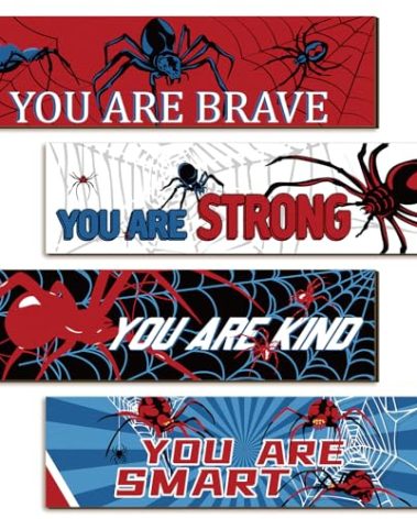 Geetery 4 Pcs Bedroom Wall Decor Boys Spider Room Decor for Kids Inspirational Wooden Hanging Sign Motivational Quote Car Wall sign for Boys Kids Nursery Playroom Kindergarten(11.8 x 3.1 Inch)