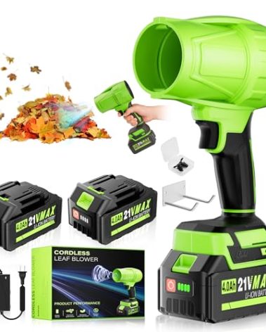 Portable Electric Cordless Leaf Blower – 400000RPM Handheld Blower with 2×4.0Ah Batteries & Charger, Variable Speed Lightweight Air Duster for Snow, Lawn, Patio & Dust Cleaning, Green
