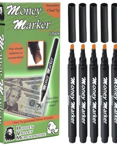HVM Counterfeit Money Detector Pen (5 Counterfeit Pens) - Money Marker Bill Detector Pen with Upgraded Chisel Tip - Detect Fake Bills, Universal False Currency Checker Pack