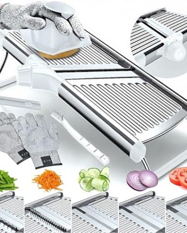 Gramercy Adjustable Mandoline Food Slicer, Mandoline Slicer for Kitchen, Mandolin, Potato, Tomato, Carrot, Vegetable, Fruit and Onion Cutter - Stainless Steel - INCLUDING 1 Pair Cut-Resistant Gloves