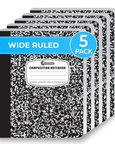 Rosmonde Composition Notebook Wide Ruled 5 Pack, 200 Pages (100 Sheets), 9-3/4 x 7-1/2, Back to School Supplies, Notebooks for School, Office Supplies, Notebooks for Work, Wide Ruled Notebook