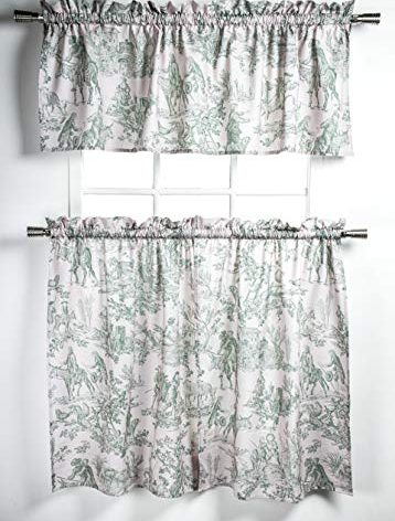 Maison d' Hermine Kitchen Curtains Sets for Windows 100% Cotton Set of Kitchen Curtains Valances for Home [2 Tiers (28"X36") and 1 Valance (56"X18")] Farmhouse, Cafe (The Miller - Antique Green)