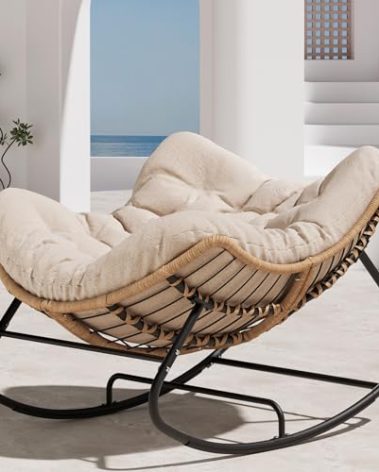 SWITTE Outdoor Rocking Chair, Patio Papasan Egg Rocker, Oversized Cozy Wicker Lounge with Cushion for Bedroom, Living Room, Porch, Garden, Lawn-Cream