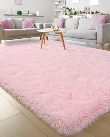 Keeko Fluffy Pink Area Rugs for Bedroom Girls Room, 9x12 Cute Shag Large Kids Room Rugs Living Room Big Rug Soft Furry Bedroom Carpet Indoor Bedside Rug for Teen Baby Nursery Dorm Room Decor
