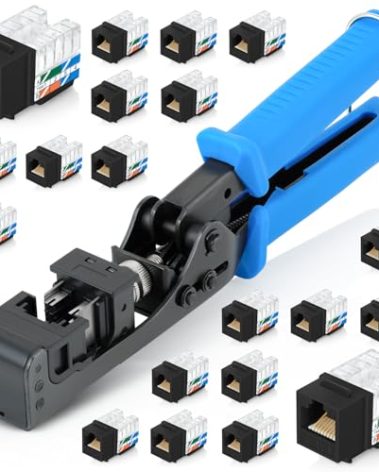 Everest easyJACK - 90° Angled Speed Termination Keystone Tool Set - with 20-Pack of RJ45 Cat6 Keystone Jacks in Black (Slim Profile Design) - Time Saver Network Punch Down Tool Cat6