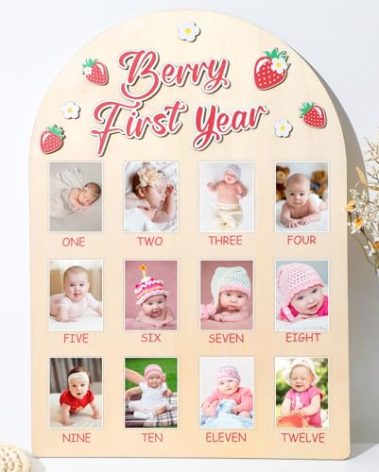 Berry First Year Photo Board Strawberry Birthday Party Wooden Board Decorations 12 Monthly Milestone Picture Frame One Year Old Wood Sign 1st Birthday Photo Banner for Baby Girls Keepsake Gift Supply