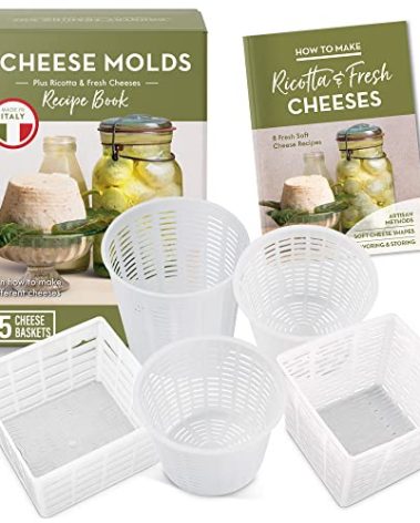 Easy Cheesemaking Set | 5 Cheese Molds + Cheese Making Book | Made in Italy | Recipes to Make Ricotta, Paneer, Goats Cheese, Quark and More | Professional Cheese Press Basket Mold Set of Strainers