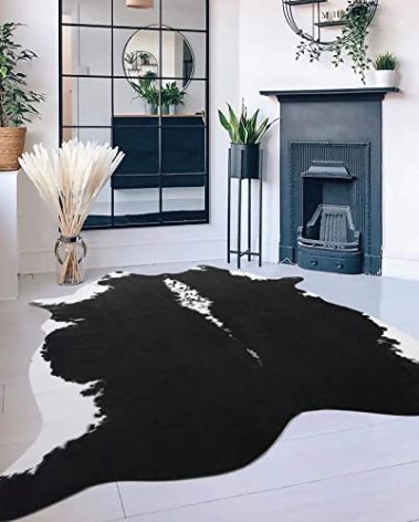 HOMORE Cowhide Rug, Cute Cow Print Rug for Living Room Faux Cow Hide Animal Print Carpet for Bedroom Office Table, 4.6 x 5.2 Feet, Black