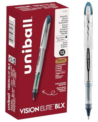 uniball Vision Elite Roller Ball Pen, Stick, Bold 0.8 Mm, Blue-Black Ink, White/blue Barrel