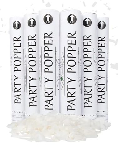 Clover Products 12" Biodegradable Confetti Cannons | 6 Pack | White Poppers for Weddings, Birthdays & Events | Air-Powered, Safe & Easy to Use | Shoots 25 Feet for Indoor & Outdoor Celebrations